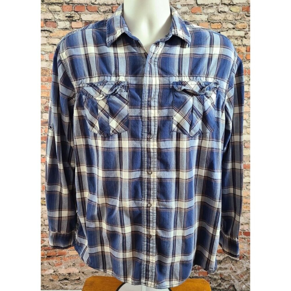 Nautica Jeans Co. Snap Up Long Sleeve Lightweight Blue Plaid Shirt Men's Medium